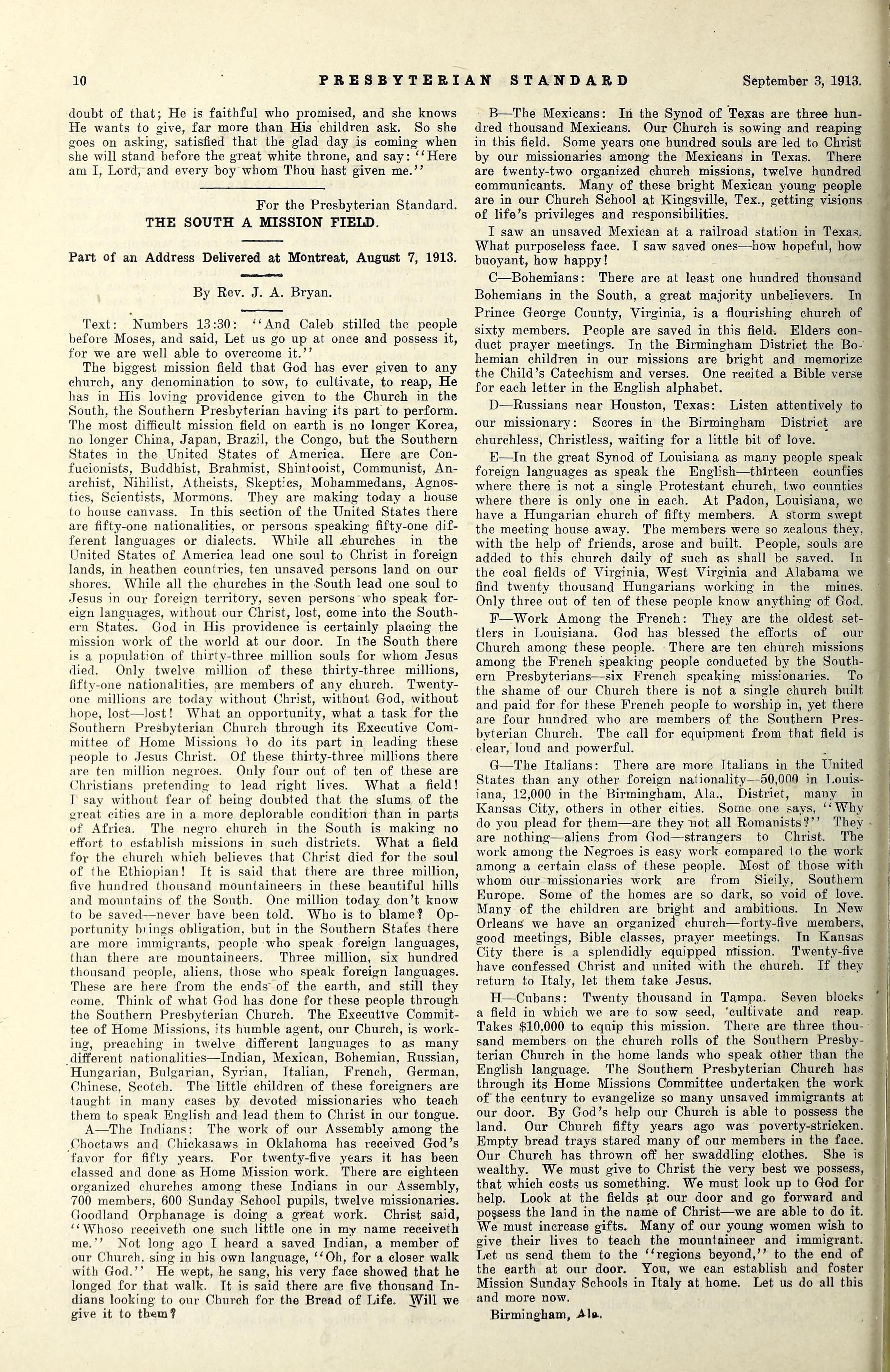 The South A Mission Field by J.A. Bryan